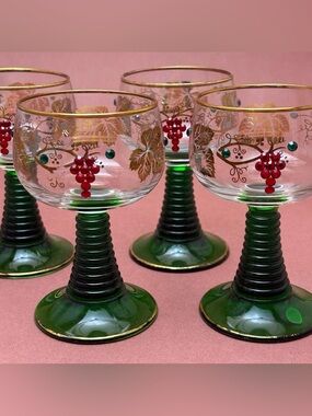 Vintage German Set of 4 Romer Wine Glasses Swarovski Crystal and Gold Leaf Grape